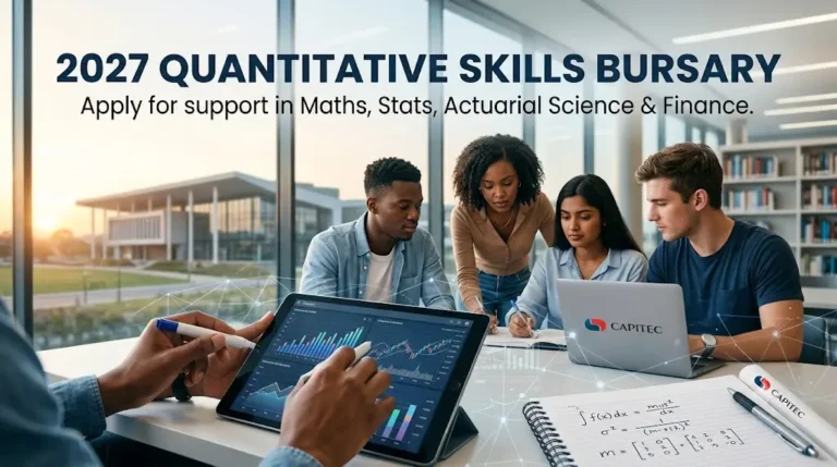 Capitec External Quantitative Skills Bursary 2027 promotional banner showing a group of students studying together.