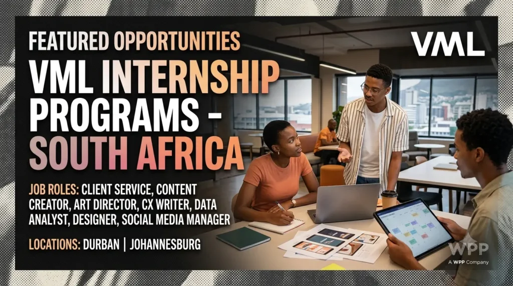 VML South Africa Internship Programs featured banner showing young professionals collaborating in an office environment in Johannesburg.