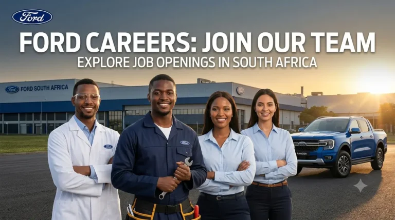 Group of diverse professionals smiling in front of Ford vehicles and facility with text reading "Ford Careers: Join Our Team