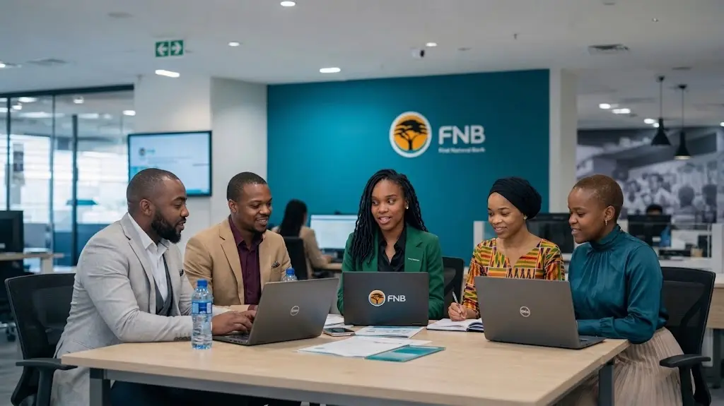 FNB Graduate Programme team members collaborating in a modern office environment